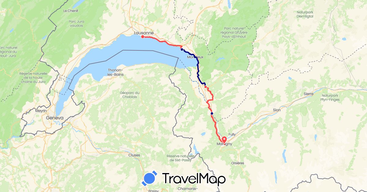 TravelMap itinerary: driving, hiking in Switzerland (Europe)