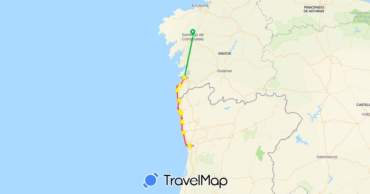 TravelMap itinerary: driving, bus, hiking in Spain, Portugal (Europe)